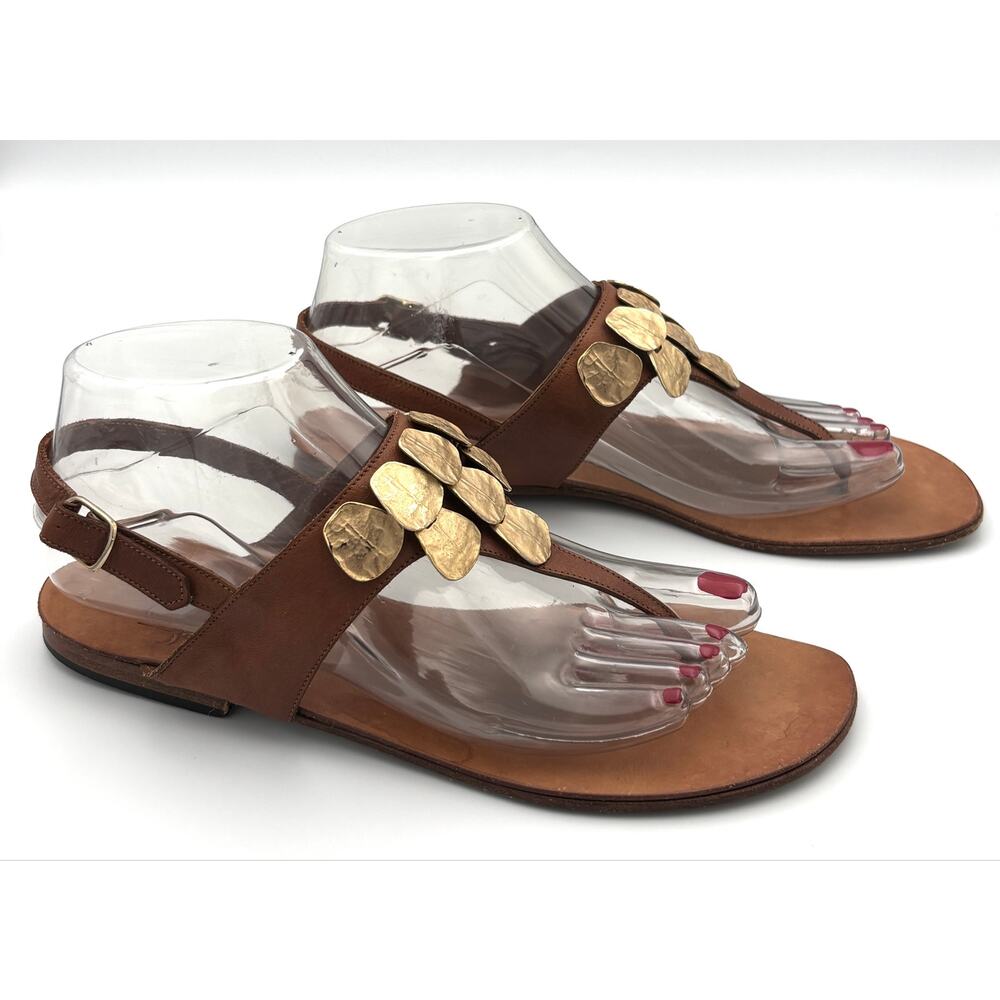Joan & David Handmade Italian Leather T-Strap Gold Medallion Thong Sandals 8